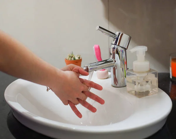 Light Skinned Asian Woman Rinsing Hands Bathroom Sink Shows Hygiene — Stock Photo, Image