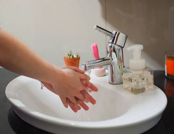 Light Skinned Asian Woman Rinsing Hands Bathroom Sink Shows Hygiene — Stock Photo, Image