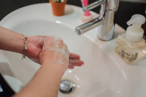 Light Skinned Asian Woman Washing Foamy Hands Bathroom Sink Soap — Stock Photo, Image