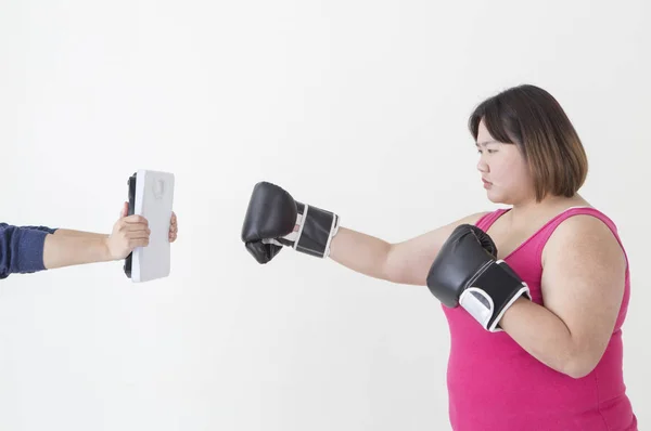 Young Fat Asian Woman Punching Weight Scale — Stock Photo, Image