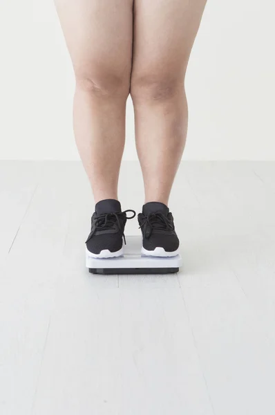Young Fat Asian Woman Standing Weight Scale — 스톡 사진