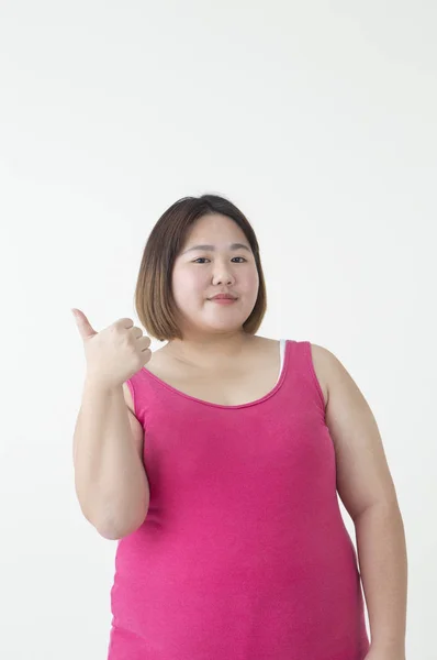 Jovem Gordura Ásia Mulher Mostrando Ela Polegar Sorrindo Para Câmara — Fotografia de Stock