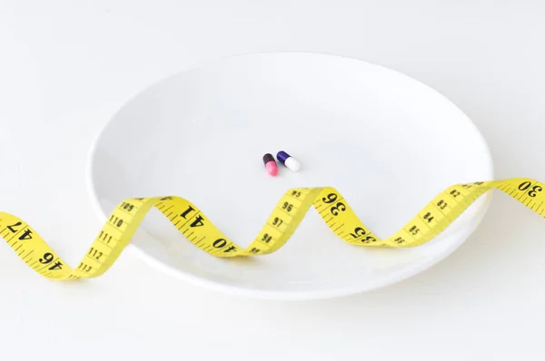 Drug Obesity Medication Tape Measure Background Close — Stock Photo, Image