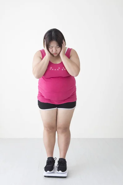 Young Fat Asian Woman Standing Weight Scale Looking Upset — Stock Photo, Image