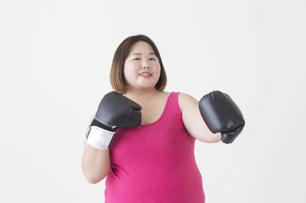 Young Fat Asian Woman Wearing Boxing Gloves Smiling — Stock Photo, Image