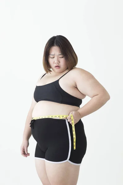 Jovem Gordura Mulher Asiática Medindo Sua Cintura — Fotografia de Stock