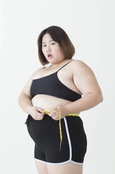 Jovem Gordura Ásia Mulher Segurando Fita Medir Ela Cintura Olhando — Fotografia de Stock