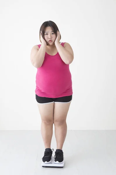 Young Fat Asian Woman Standing Weight Scale Looking Upset — Stock Photo, Image