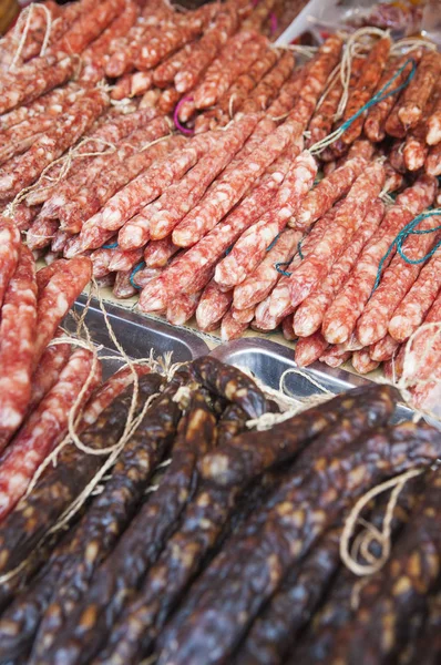 Salchichas Sabrosas Fondo Cerca — Foto de Stock