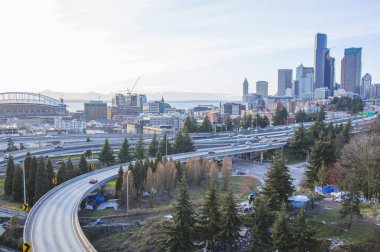 Seattle, ABD'de şehir manzarası ve sokak,