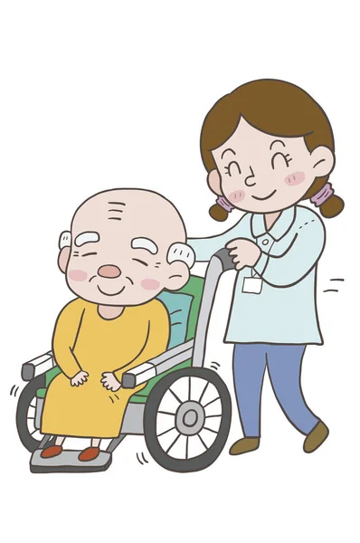 Long Term Care Push Wheelchair Care Cartoon Illustration — Stock Photo, Image