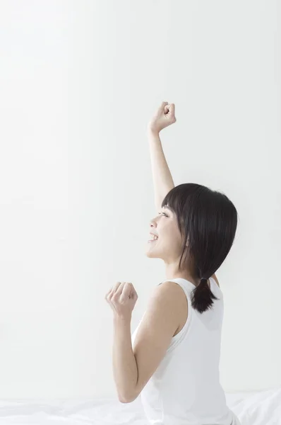 Young Asian Woman Wearing White Dress Hand Stretching Her Body — Stock Photo, Image