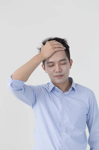 Young Man Suit Hands His Forehead Looking Painful — Stock Photo, Image