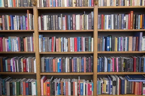 Bibliotekets Bakgrund Med Böcker Bokhyllor — Stockfoto