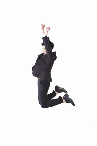 Jovem Ásia Homem Vestindo Terno Salto Até Alto Sorrindo — Fotografia de Stock