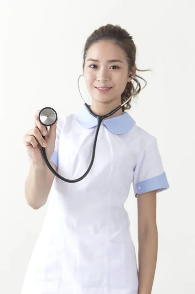 Young Nurse Wearing Stethoscope Smiling Camera — Stock Photo, Image