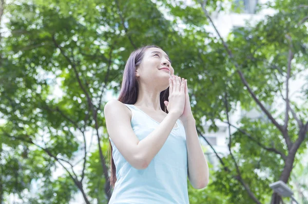 Young Asian Woman Hands Together Smiling Looking Away — Stock Photo, Image
