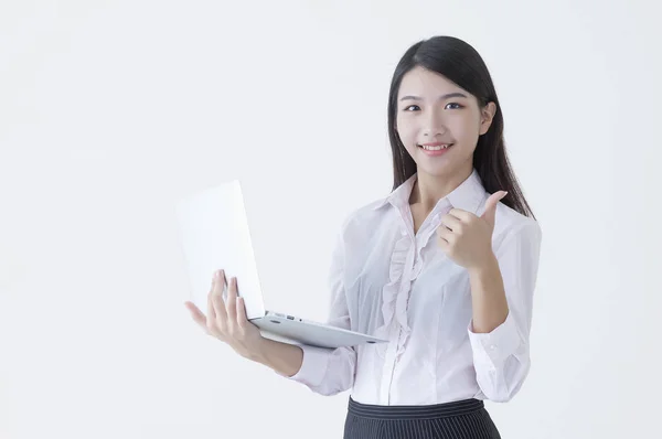 Young Asian Woman Suit Holding Laptop Showing Her Thumb Smiling — 스톡 사진