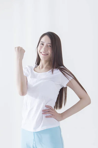 Joven Asiática Manos Arriba Animando Sonriendo Cámara —  Fotos de Stock