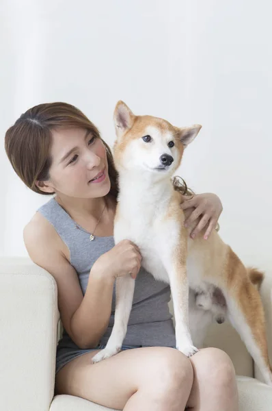 Mavi Elbiseli Genç Asyalı Kadın Koltukta Oturmuş Köpeğini Tutarken Gülümsüyor — Stok fotoğraf