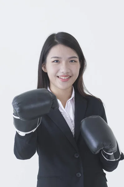 Jovem Mulher Asiática Vestindo Terno Usando Luvas Boxe Sorrindo Para — Fotografia de Stock