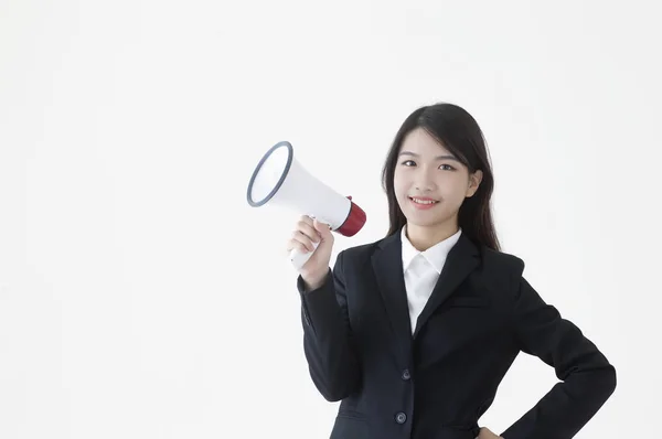 Young Asian Woman Suit Holding Speaker Smiling Camera — 스톡 사진