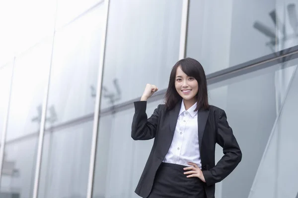 Young Asian Woman Suit Hands Smiling Camera — 스톡 사진