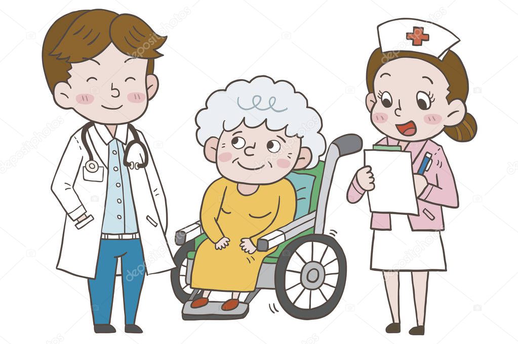 Animated image of a nurse and a doctor examining an elderly patient.