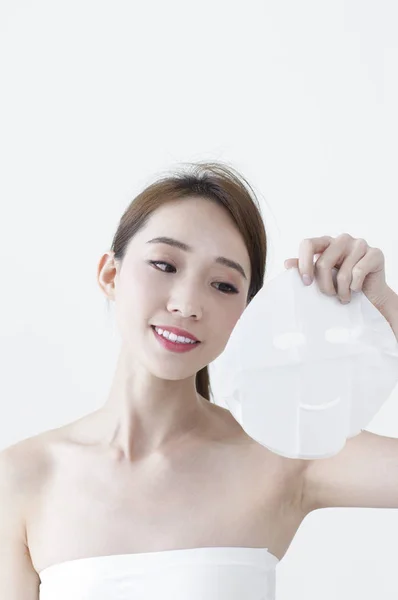 Young Asian Woman Holding Mask Smiling Looking — Stock Photo, Image