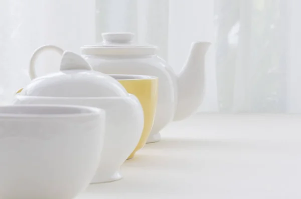 Tea Cups, Tea Kettle, In A Row,