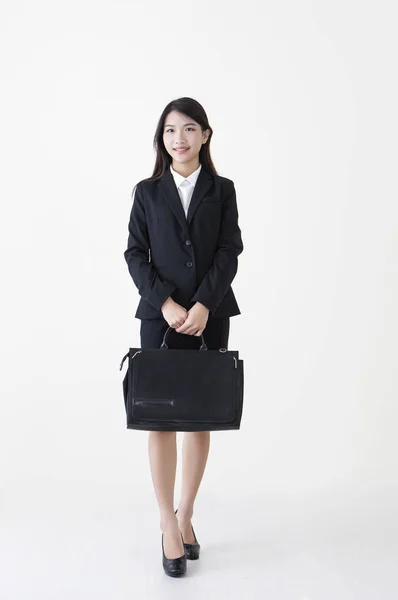 Young Asian Woman Wearing Suit Holding Brief Case Smiling Camera — 스톡 사진
