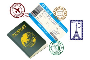 travel stamps with passport and flight ticket banner stylish illustration