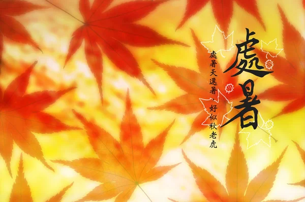 Close Shot Red Maple Leaves Chinese Calligraphic Inscription Background — стокове фото