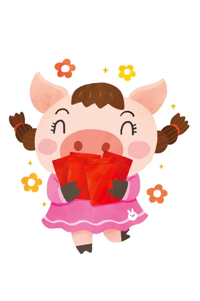 Cartoon Piggy Red New Year Envelopes Banner Stylish Illustration Chinese — Stok fotoğraf