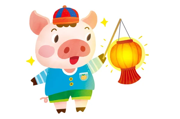 Cartoon Piggy Chinese Lantern Banner Stylish Illustration — Stockfoto