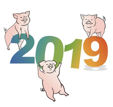 Domuzlar ve illüstrasyonlu mutlu yıllar kartı 2019.