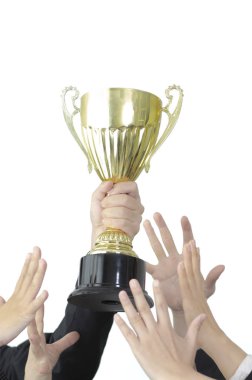 hands fighting for trophy cup isolated on white background