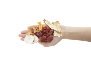 hand holding a bowl of dried fruits on white background
