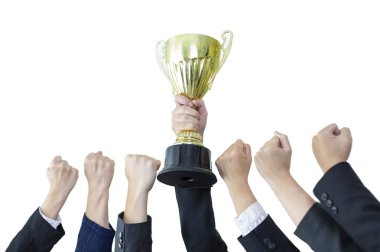hands fighting for trophy cup isolated on white background