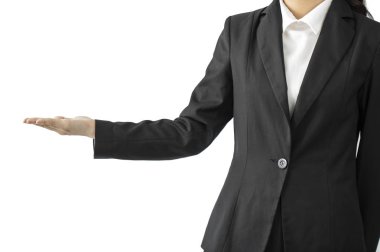 Beyaz arkaplanda izole edilmiş kopya alanı gösteren iş kadını