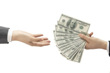 hands holding money isolated on white background
