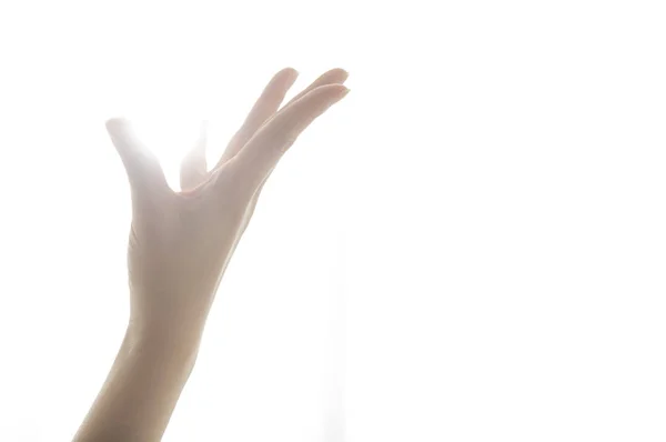 Mão Feminina Sobre Fundo Branco Com Luz — Fotografia de Stock