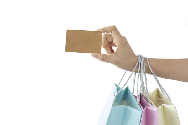 Kobieta Trzymająca Torby Zakupy Kartę Kredytową Białym Tle — Zdjęcie stockowe