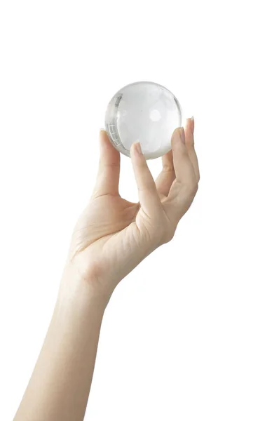 Female Hand Holding Glass Ball Isolated White Background — Fotografia de Stock