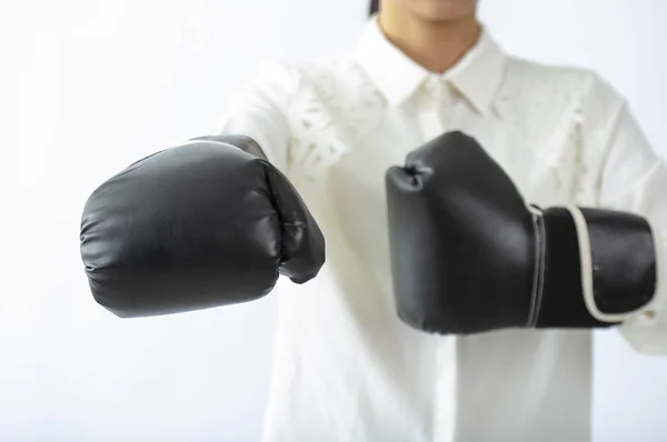 Cropped View Businesswoman Boxing Gloves White Background — 图库照片