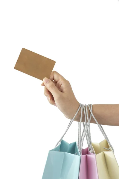 Woman Holding Shopping Bags Credit Card Isolated White Background — Stock fotografie