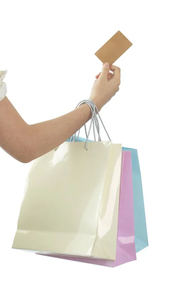 Woman Holding Shopping Bags Credit Card Isolated White Background — Stock fotografie