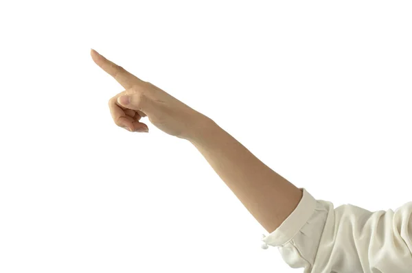 Ręka Kobiety Pokazuje Coś Odizolowanego Białym Tle — Zdjęcie stockowe