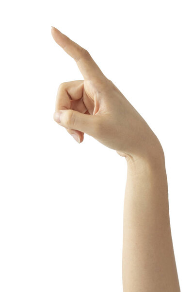 рука женщины показывает что-то изолированное на белом фоне