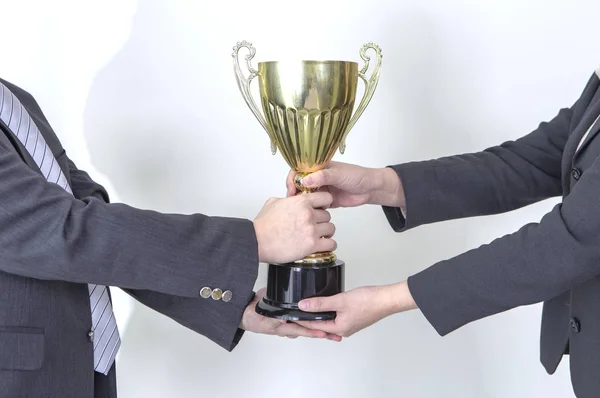 Hands Businessmen Holding Trophy Cup Isolated White Background Royalty Free Stock Photos